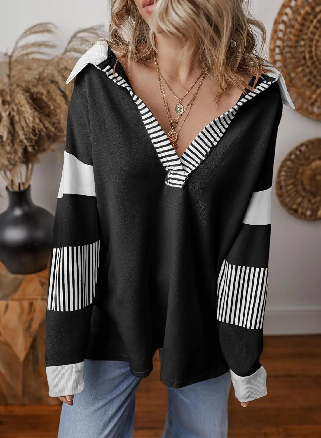 BLENCOT Women Oversized Sweatshirts Color Block Long Sleeve Loose V Neck Fall Outfits 2024 Fashion Slit Pullover