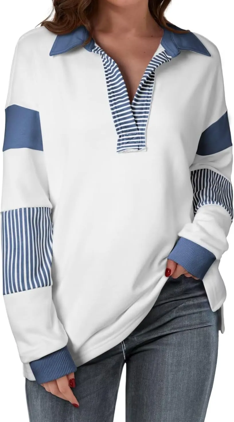 BLENCOT Women Oversized Sweatshirts Color Block Long Sleeve Loose V Neck Fall Outfits 2024 Fashion Slit Pullover