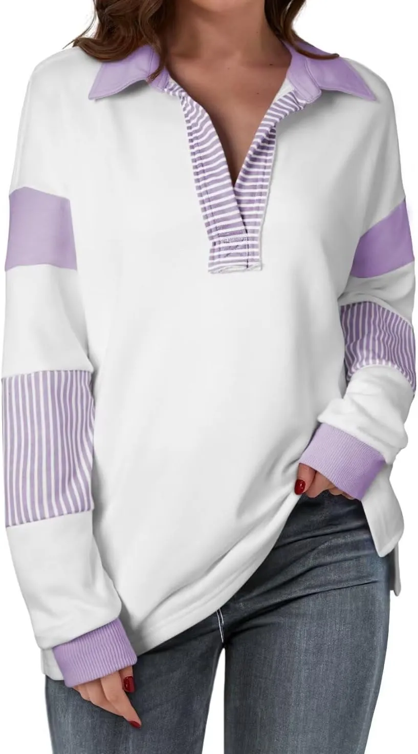 BLENCOT Women Oversized Sweatshirts Color Block Long Sleeve Loose V Neck Fall Outfits 2024 Fashion Slit Pullover