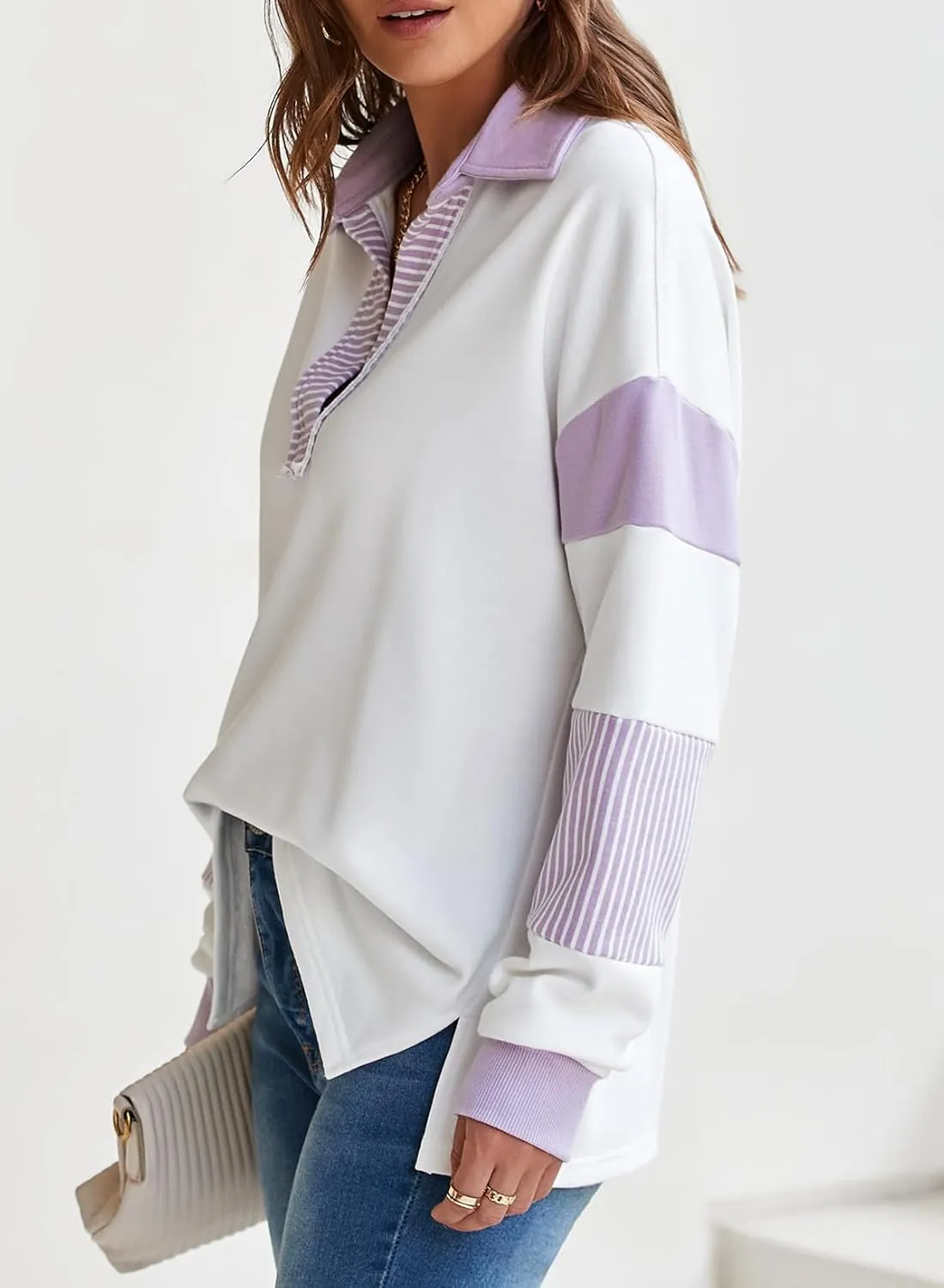 BLENCOT Women Oversized Sweatshirts Color Block Long Sleeve Loose V Neck Fall Outfits 2024 Fashion Slit Pullover