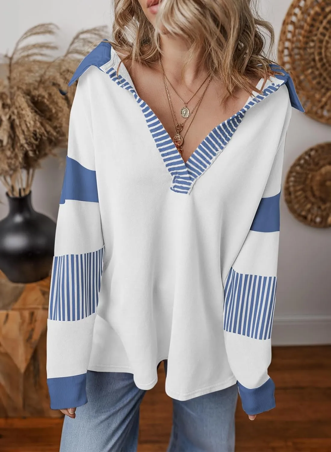 BLENCOT Women Oversized Sweatshirts Color Block Long Sleeve Loose V Neck Fall Outfits 2024 Fashion Slit Pullover