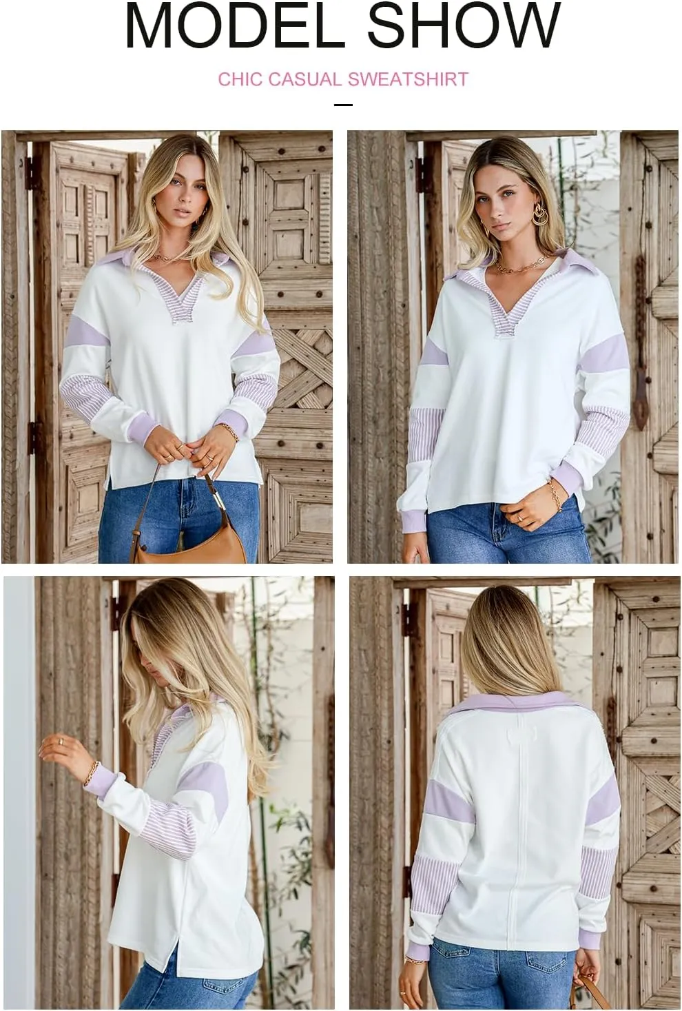 BLENCOT Women Oversized Sweatshirts Color Block Long Sleeve Loose V Neck Fall Outfits 2024 Fashion Slit Pullover