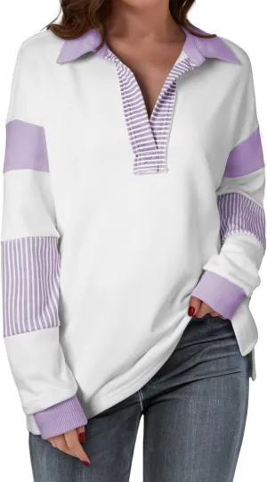 BLENCOT Women Oversized Sweatshirts Color Block Long Sleeve Loose V Neck Fall Outfits 2024 Fashion Slit Pullover