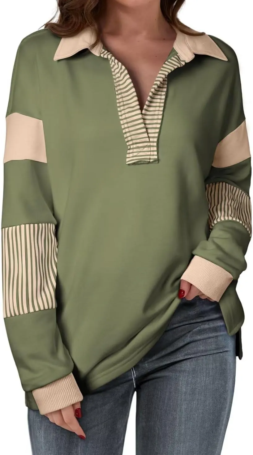 BLENCOT Women Oversized Sweatshirts Color Block Long Sleeve Loose V Neck Fall Outfits 2024 Fashion Slit Pullover