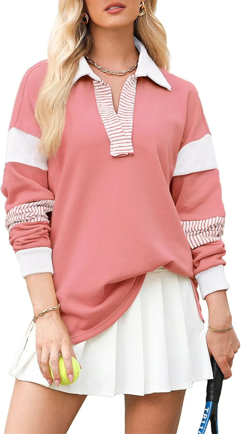 BLENCOT Women Oversized Sweatshirts Color Block Long Sleeve Loose V Neck Fall Outfits 2024 Fashion Slit Pullover