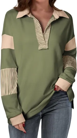 BLENCOT Women Oversized Sweatshirts Color Block Long Sleeve Loose V Neck Fall Outfits 2024 Fashion Slit Pullover
