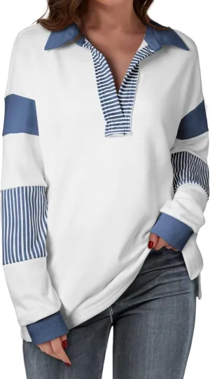 BLENCOT Women Oversized Sweatshirts Color Block Long Sleeve Loose V Neck Fall Outfits 2024 Fashion Slit Pullover