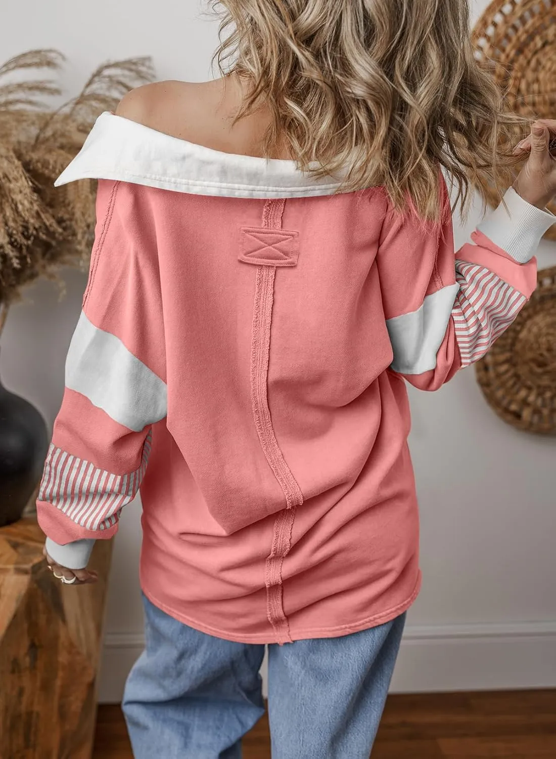 BLENCOT Women Oversized Sweatshirts Color Block Long Sleeve Loose V Neck Fall Outfits 2024 Fashion Slit Pullover