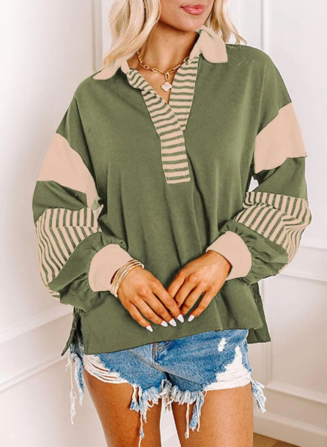 BLENCOT Women Oversized Sweatshirts Color Block Long Sleeve Loose V Neck Fall Outfits 2024 Fashion Slit Pullover