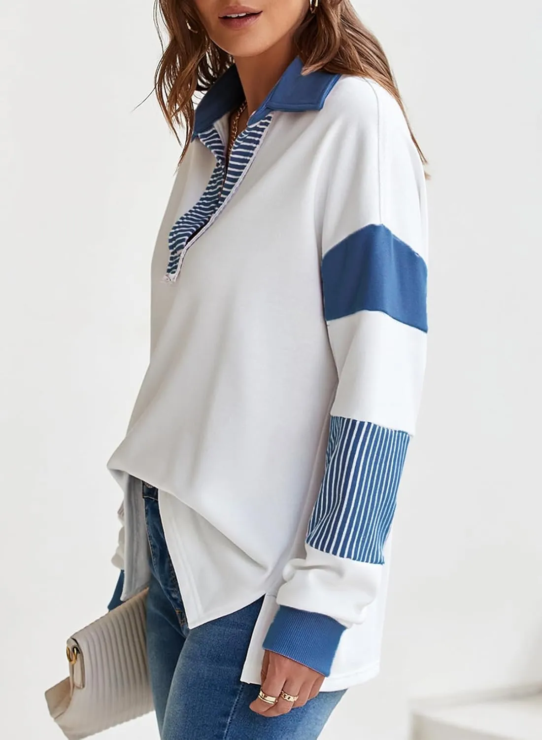 BLENCOT Women Oversized Sweatshirts Color Block Long Sleeve Loose V Neck Fall Outfits 2024 Fashion Slit Pullover