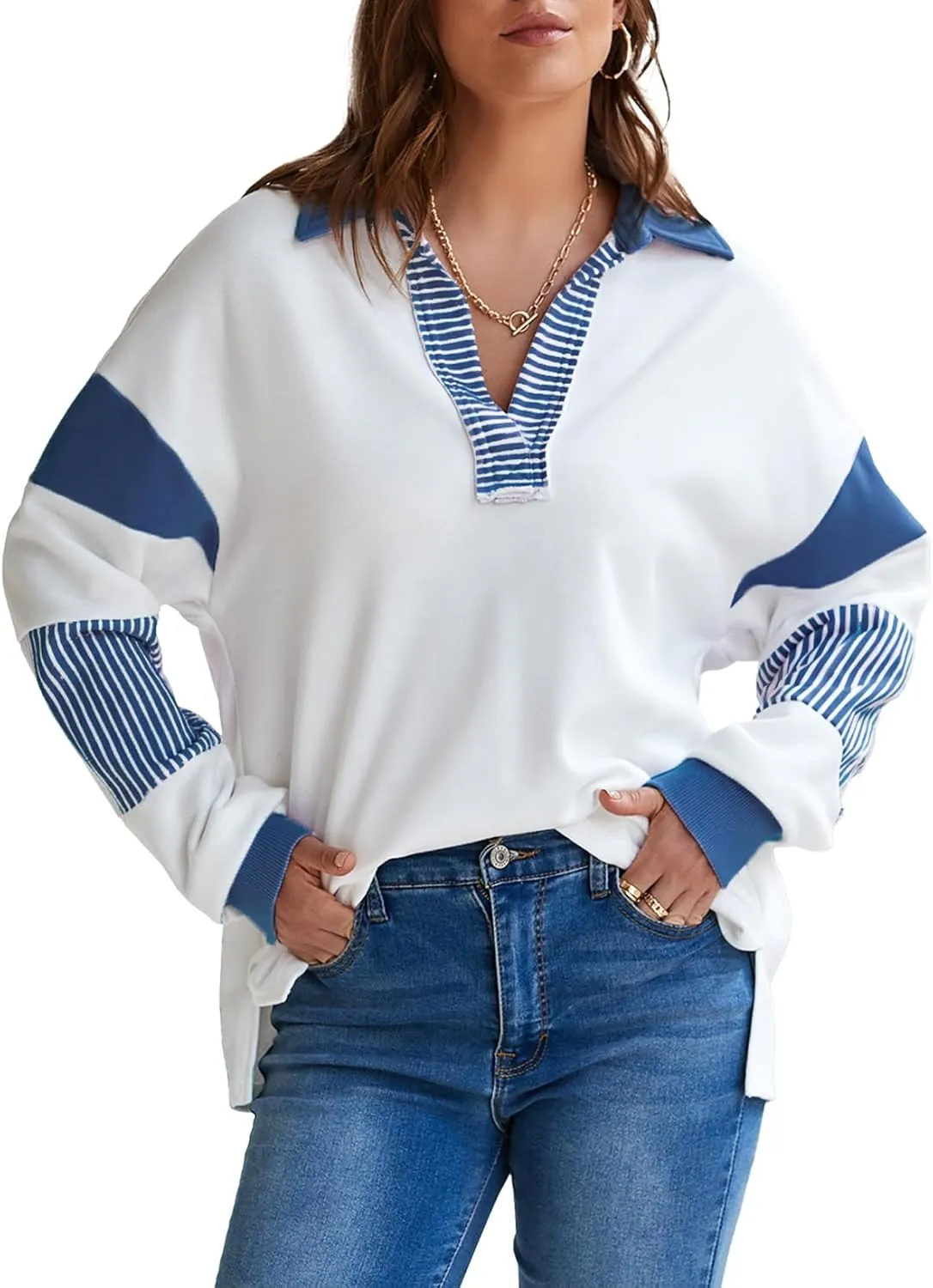 BLENCOT Women Oversized Sweatshirts Color Block Long Sleeve Loose V Neck Fall Outfits 2024 Fashion Slit Pullover