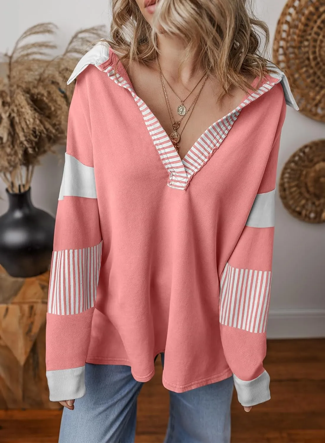 BLENCOT Women Oversized Sweatshirts Color Block Long Sleeve Loose V Neck Fall Outfits 2024 Fashion Slit Pullover