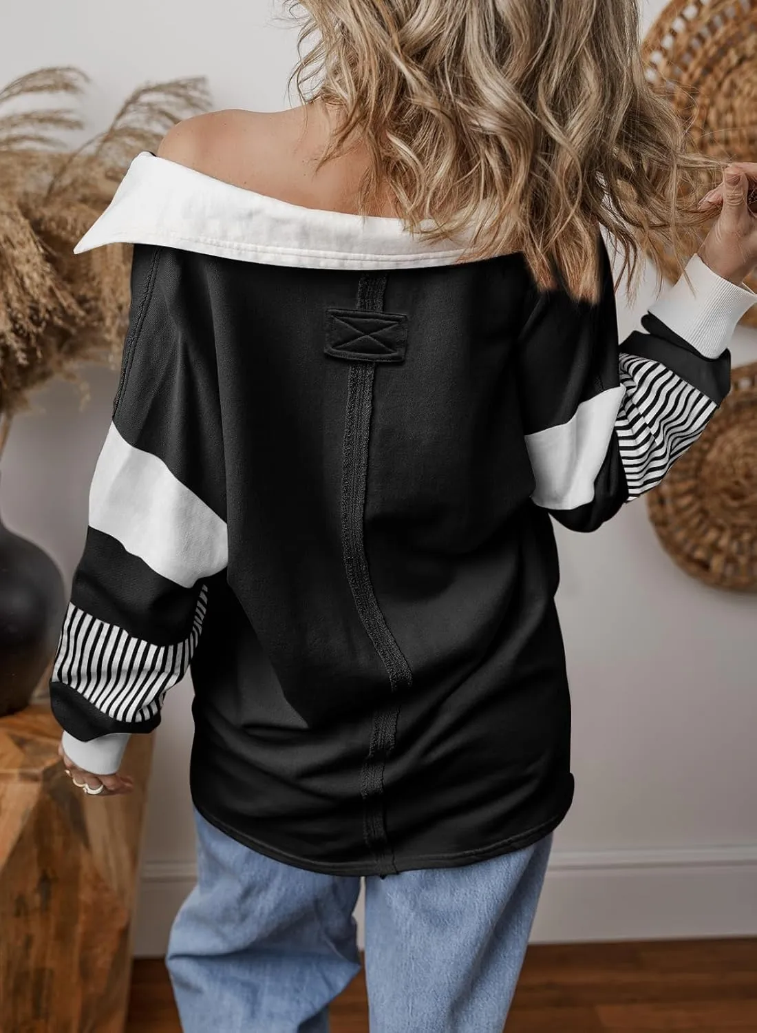 BLENCOT Women Oversized Sweatshirts Color Block Long Sleeve Loose V Neck Fall Outfits 2024 Fashion Slit Pullover
