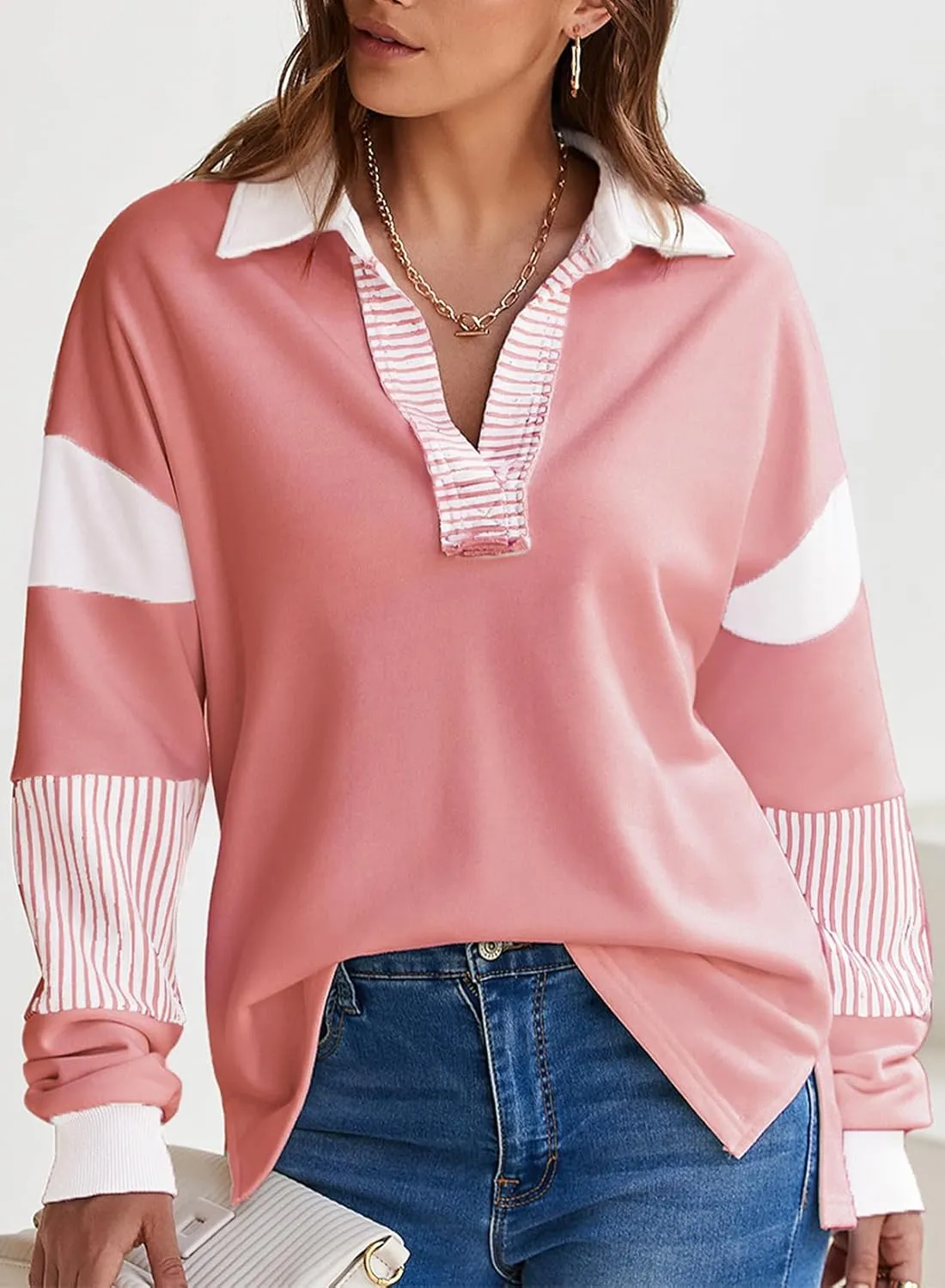 BLENCOT Women Oversized Sweatshirts Color Block Long Sleeve Loose V Neck Fall Outfits 2024 Fashion Slit Pullover