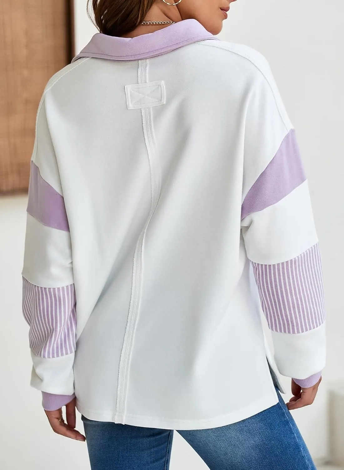 BLENCOT Women Oversized Sweatshirts Color Block Long Sleeve Loose V Neck Fall Outfits 2024 Fashion Slit Pullover