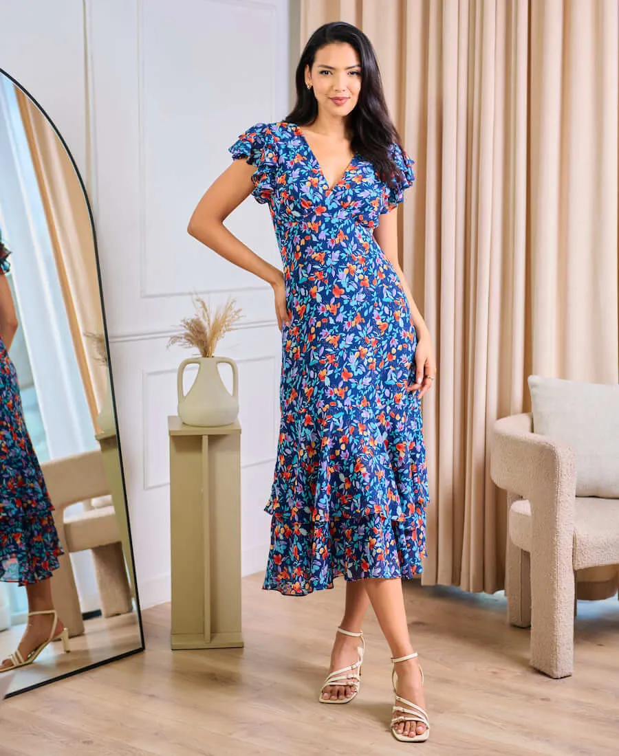 Blue Floral Ruffle Midi Dress