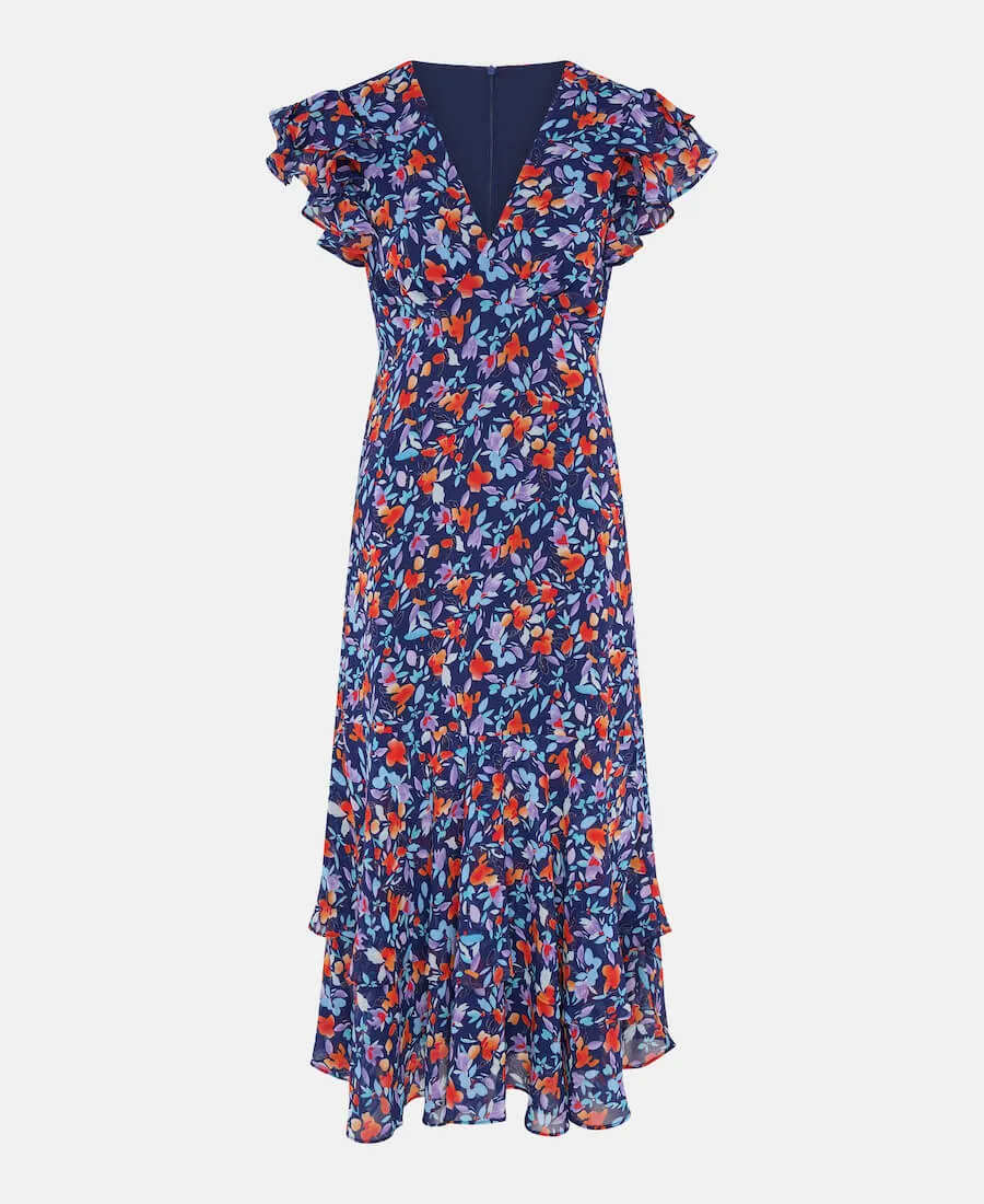Blue Floral Ruffle Midi Dress