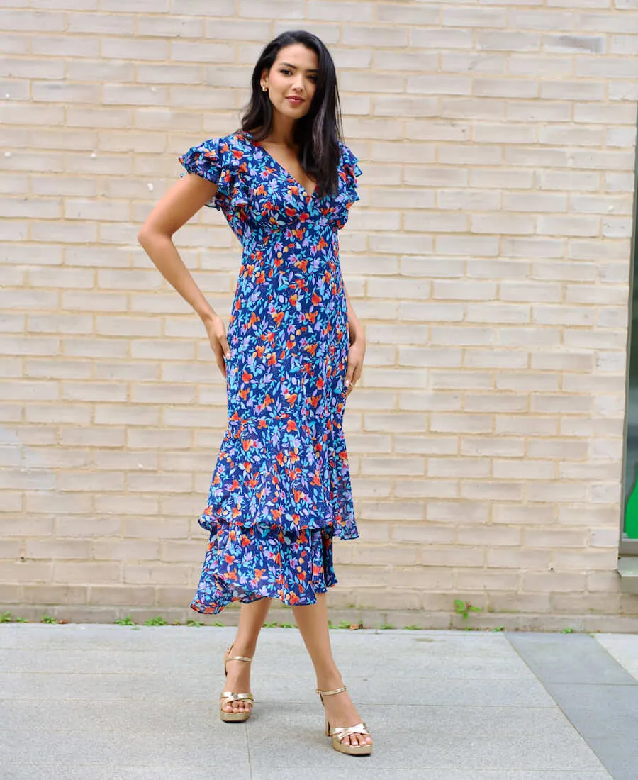 Blue Floral Ruffle Midi Dress
