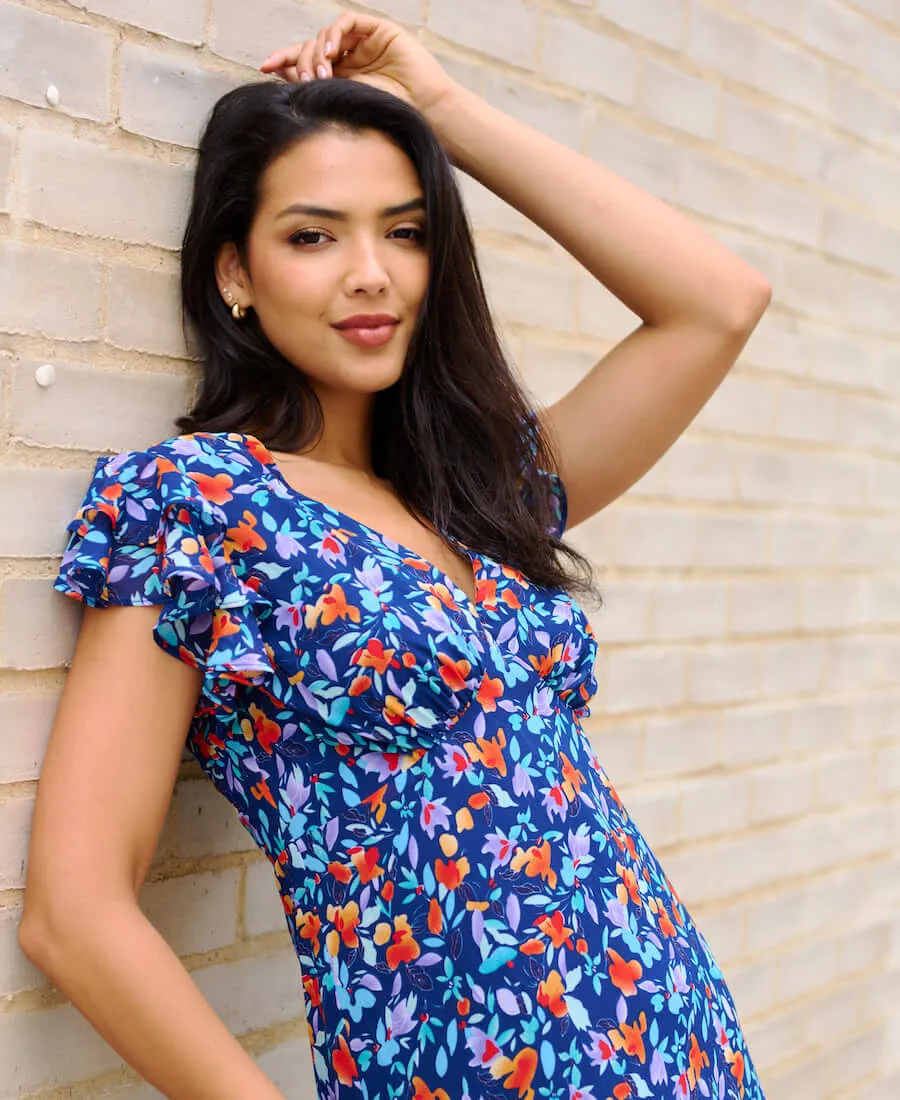 Blue Floral Ruffle Midi Dress
