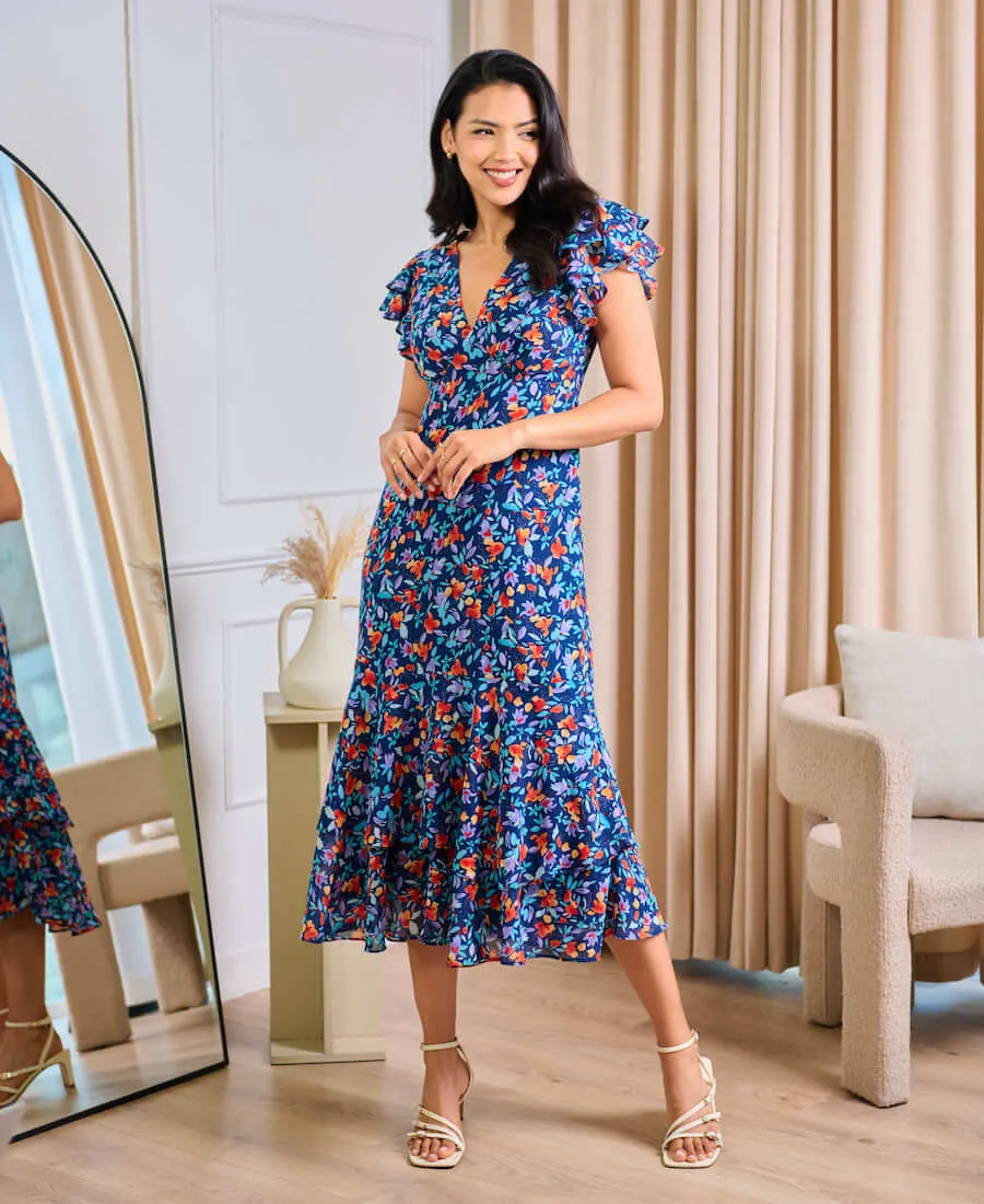 Blue Floral Ruffle Midi Dress