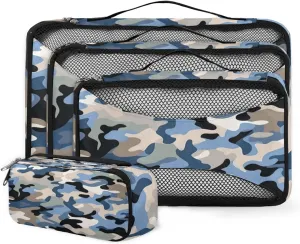 Blue Grey Black Camouflage Travel Packing Cubes 4 Set, Camo Print Luggage Packing Organizers Carry on Suitcase Storage Mesh Bags Accessories