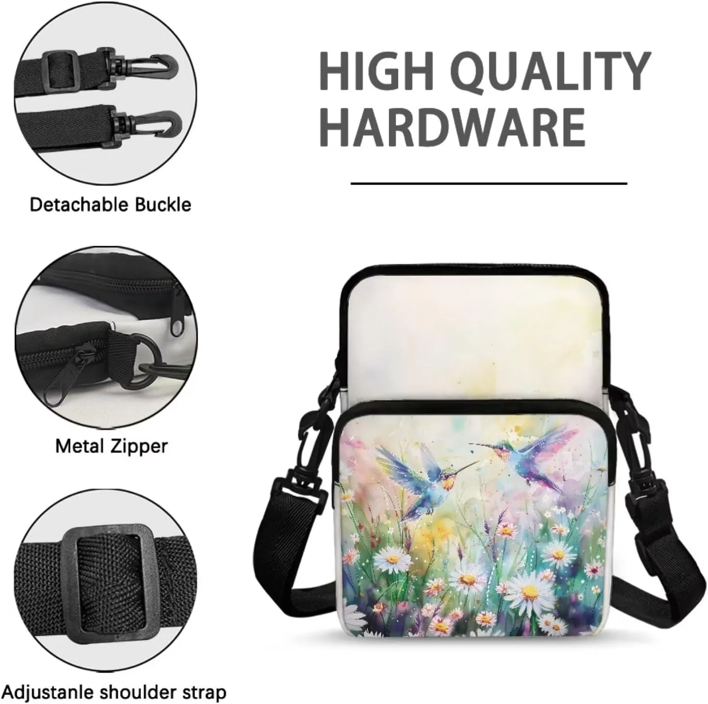 Blue Hummingbird Bird Daisy Leaves Crossbody Bags, 2 Layer Toddler Girls Messenger Cross Body Bag Small Satchel Sling Bags Study Supplies for School Travel Outdoor