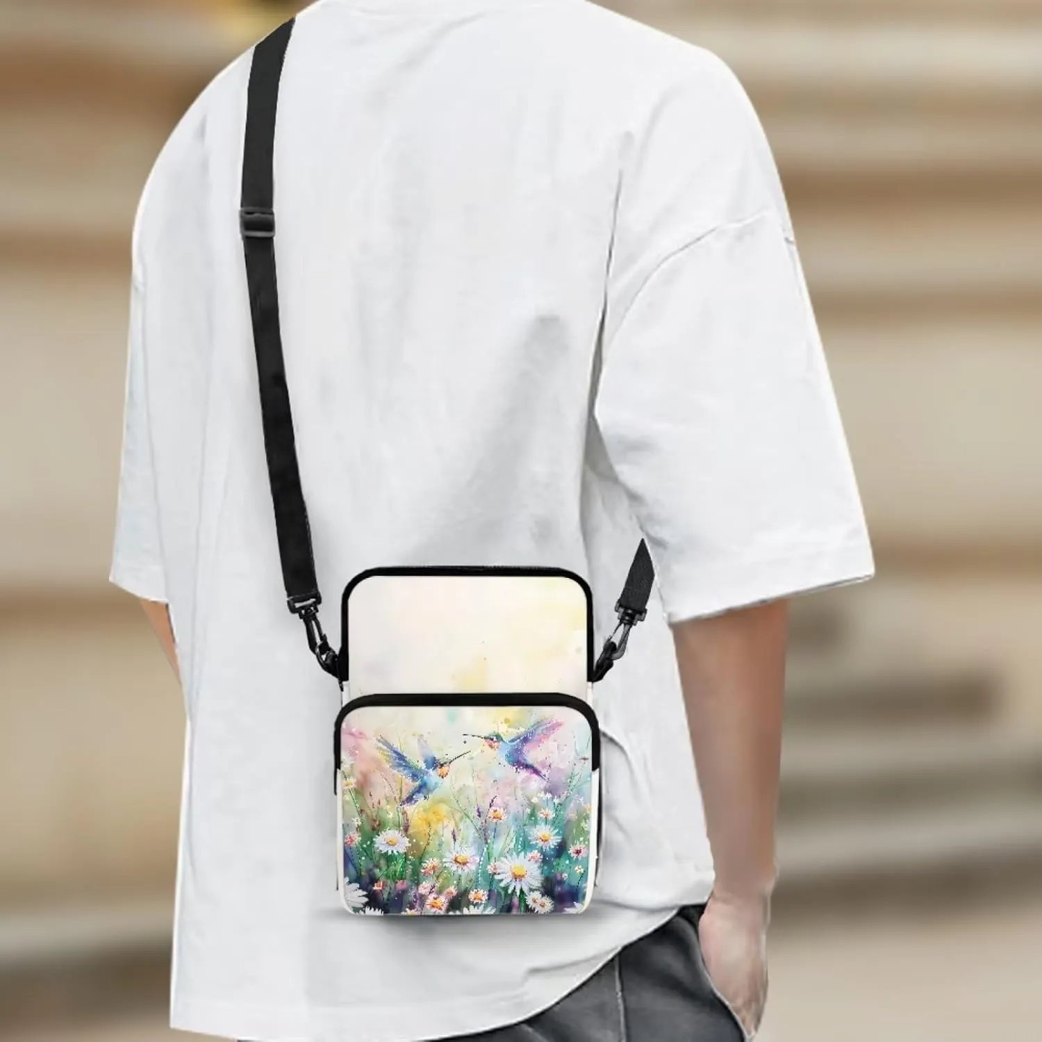 Blue Hummingbird Bird Daisy Leaves Crossbody Bags, 2 Layer Toddler Girls Messenger Cross Body Bag Small Satchel Sling Bags Study Supplies for School Travel Outdoor