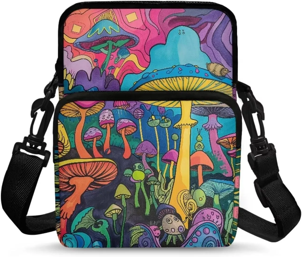 Blue Purple Mushroom Forest Pattern Kids Girls Boys Crossbody Bags, 2 Layers Shoulder Bag Travel Outdoor Chest Bags Satchel Bag with Adjustable Shoulder Strap