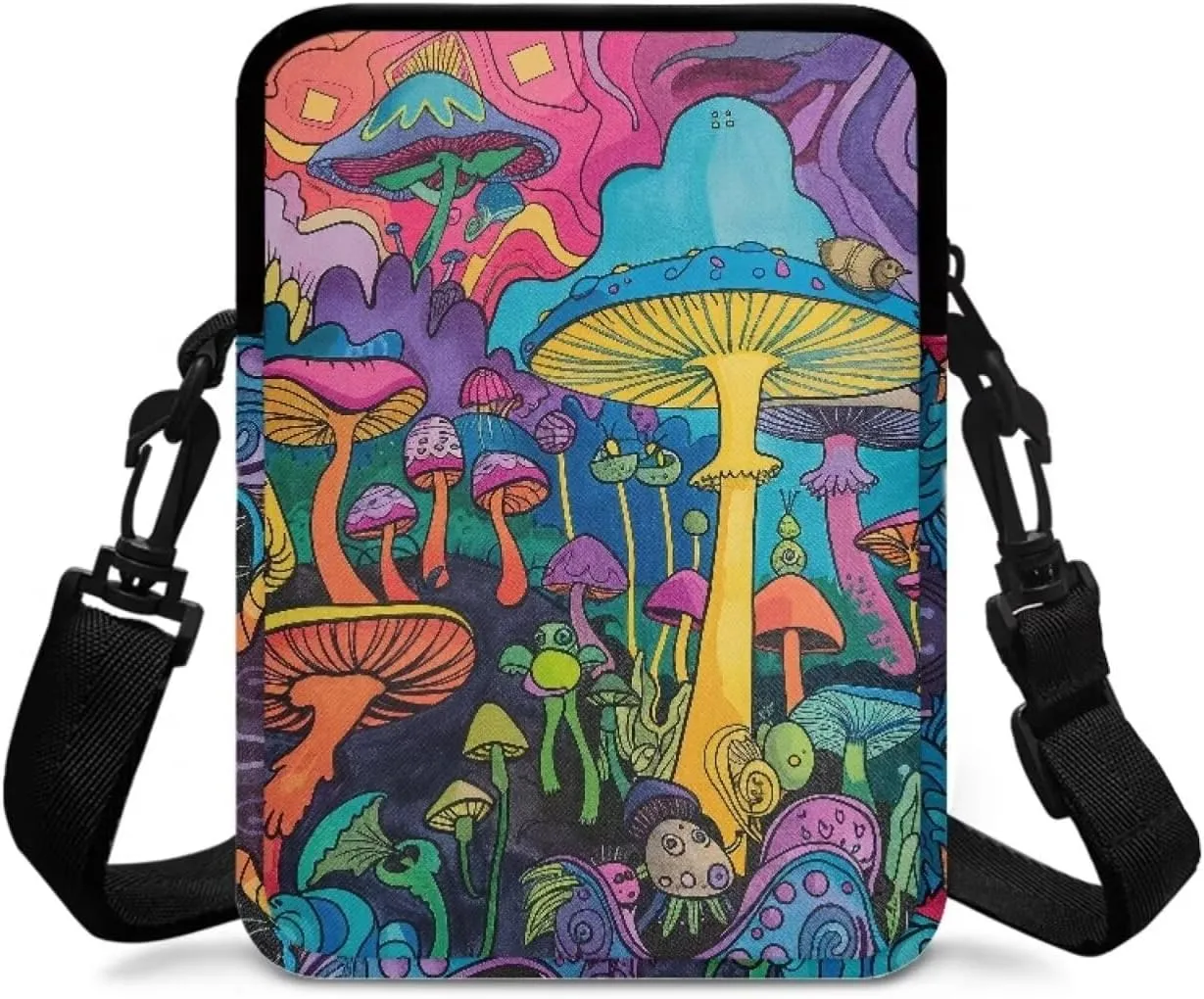 Blue Purple Mushroom Forest Pattern Kids Girls Boys Crossbody Bags, 2 Layers Shoulder Bag Travel Outdoor Chest Bags Satchel Bag with Adjustable Shoulder Strap
