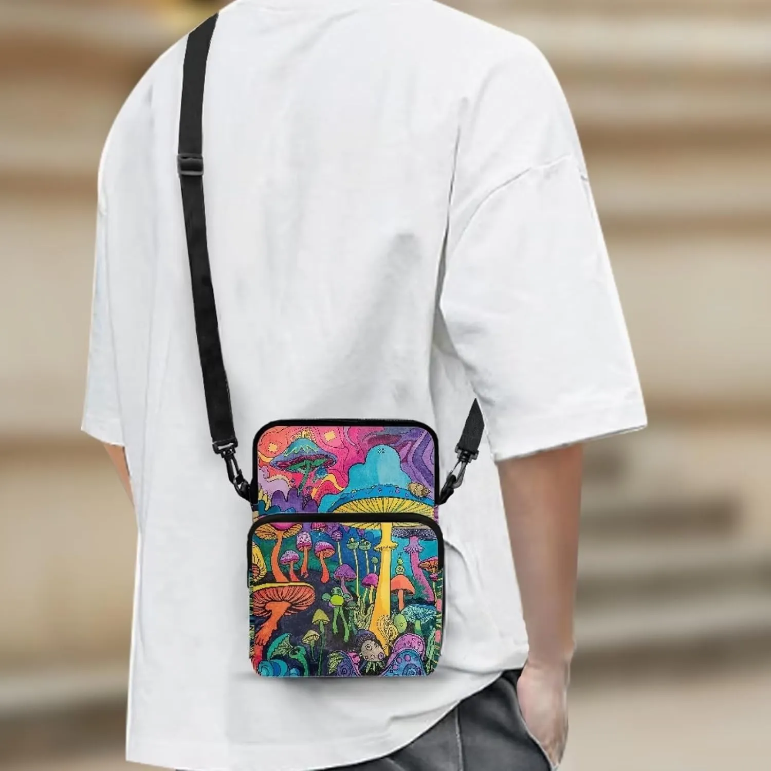 Blue Purple Mushroom Forest Pattern Kids Girls Boys Crossbody Bags, 2 Layers Shoulder Bag Travel Outdoor Chest Bags Satchel Bag with Adjustable Shoulder Strap