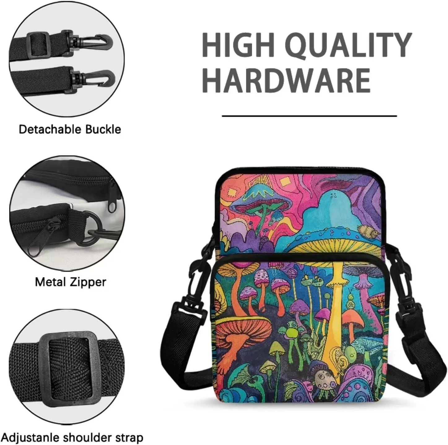 Blue Purple Mushroom Forest Pattern Kids Girls Boys Crossbody Bags, 2 Layers Shoulder Bag Travel Outdoor Chest Bags Satchel Bag with Adjustable Shoulder Strap
