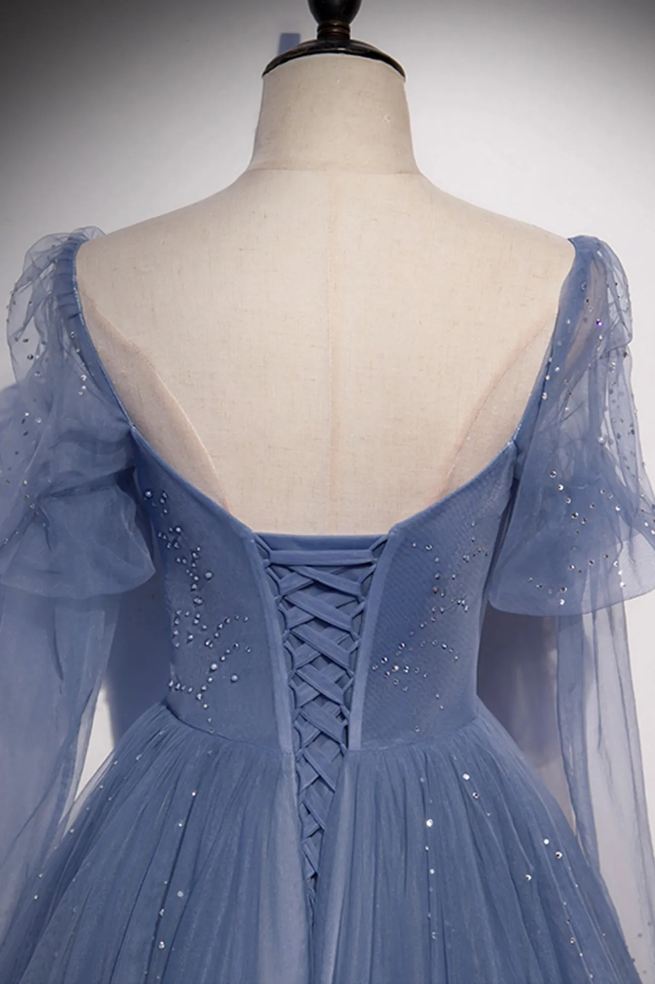 Blue Tulle Beading Long Prom Dresses A-Line Formal Evening Dresses