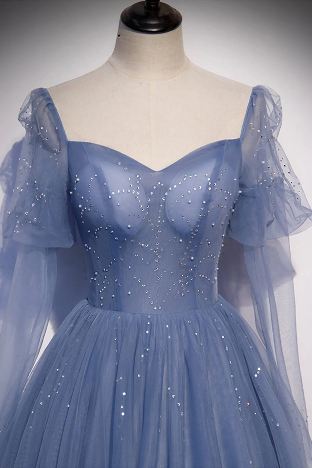 Blue Tulle Beading Long Prom Dresses A-Line Formal Evening Dresses