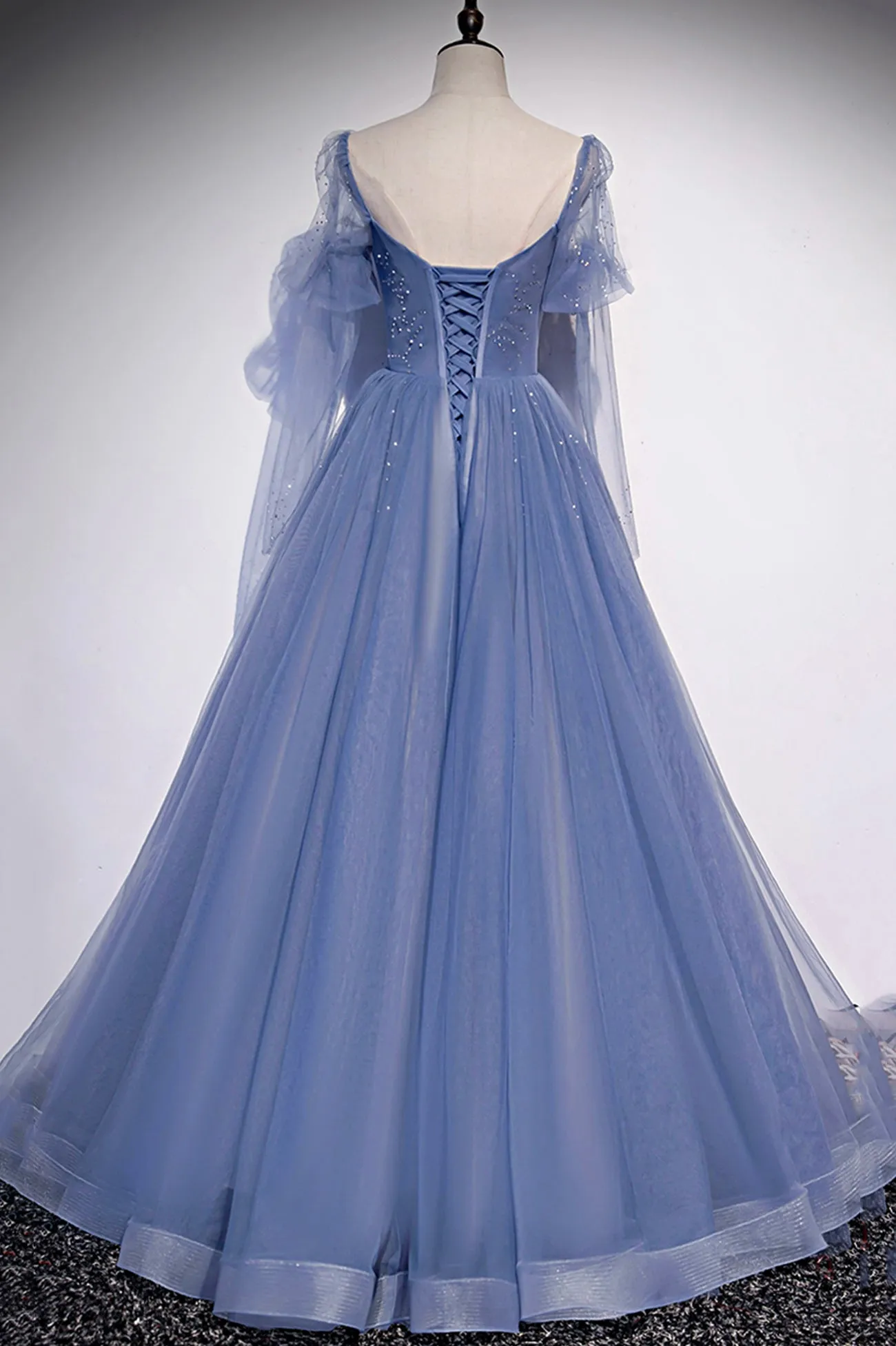 Blue Tulle Beading Long Prom Dresses A-Line Formal Evening Dresses