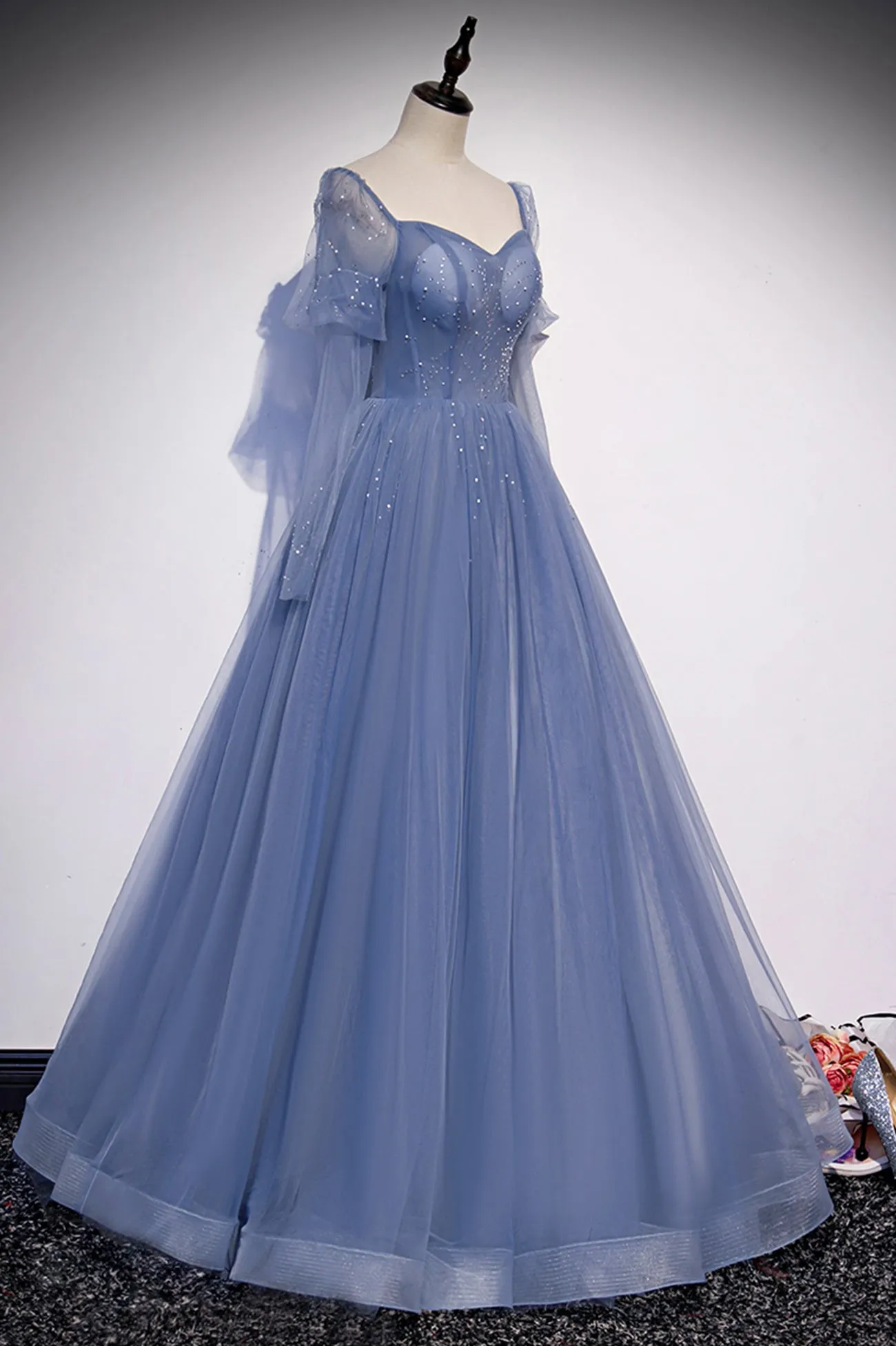 Blue Tulle Beading Long Prom Dresses A-Line Formal Evening Dresses