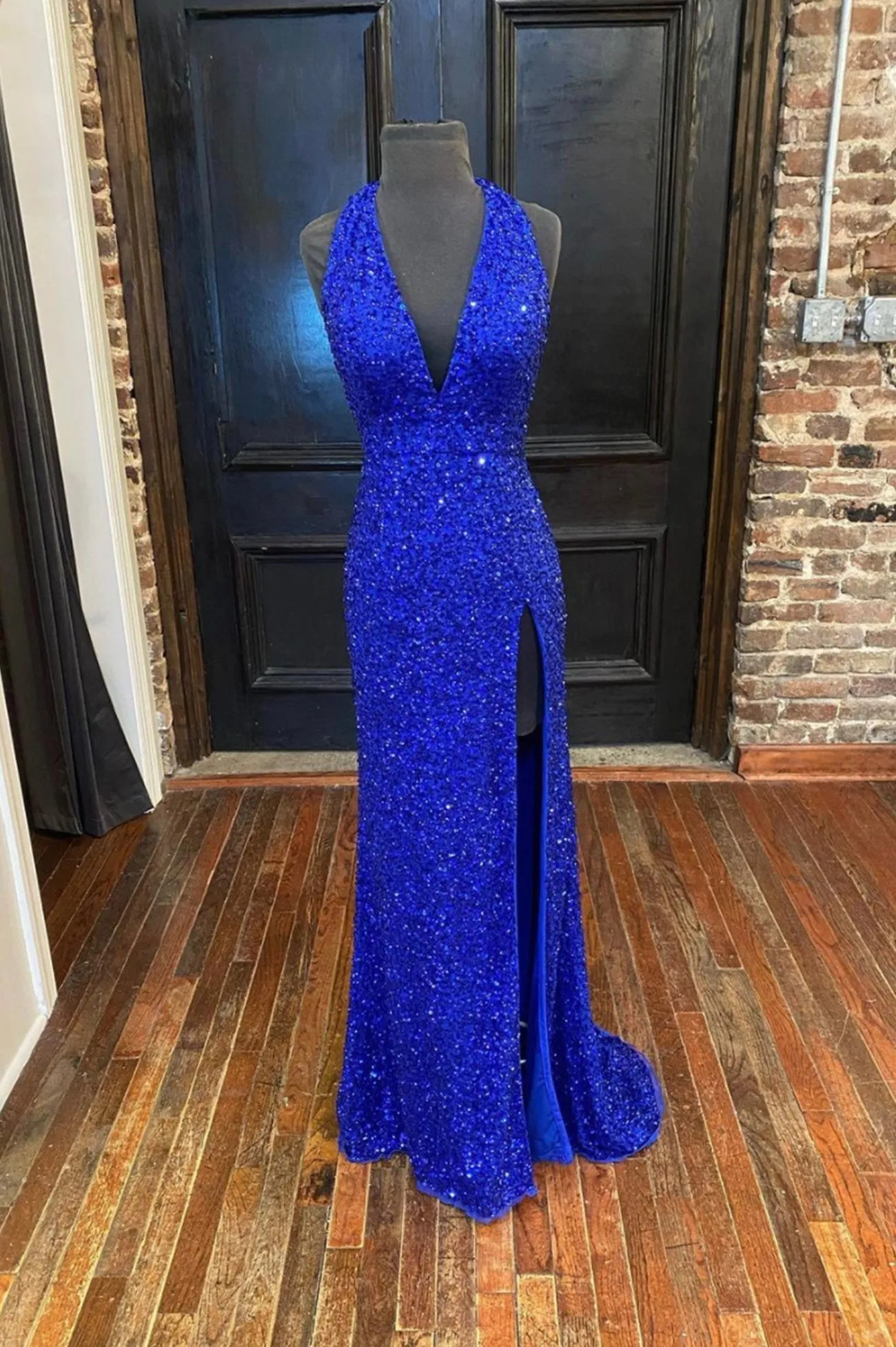Blue V-Neck Sequins Long Prom Dresses Blue Formal Evening Dresses