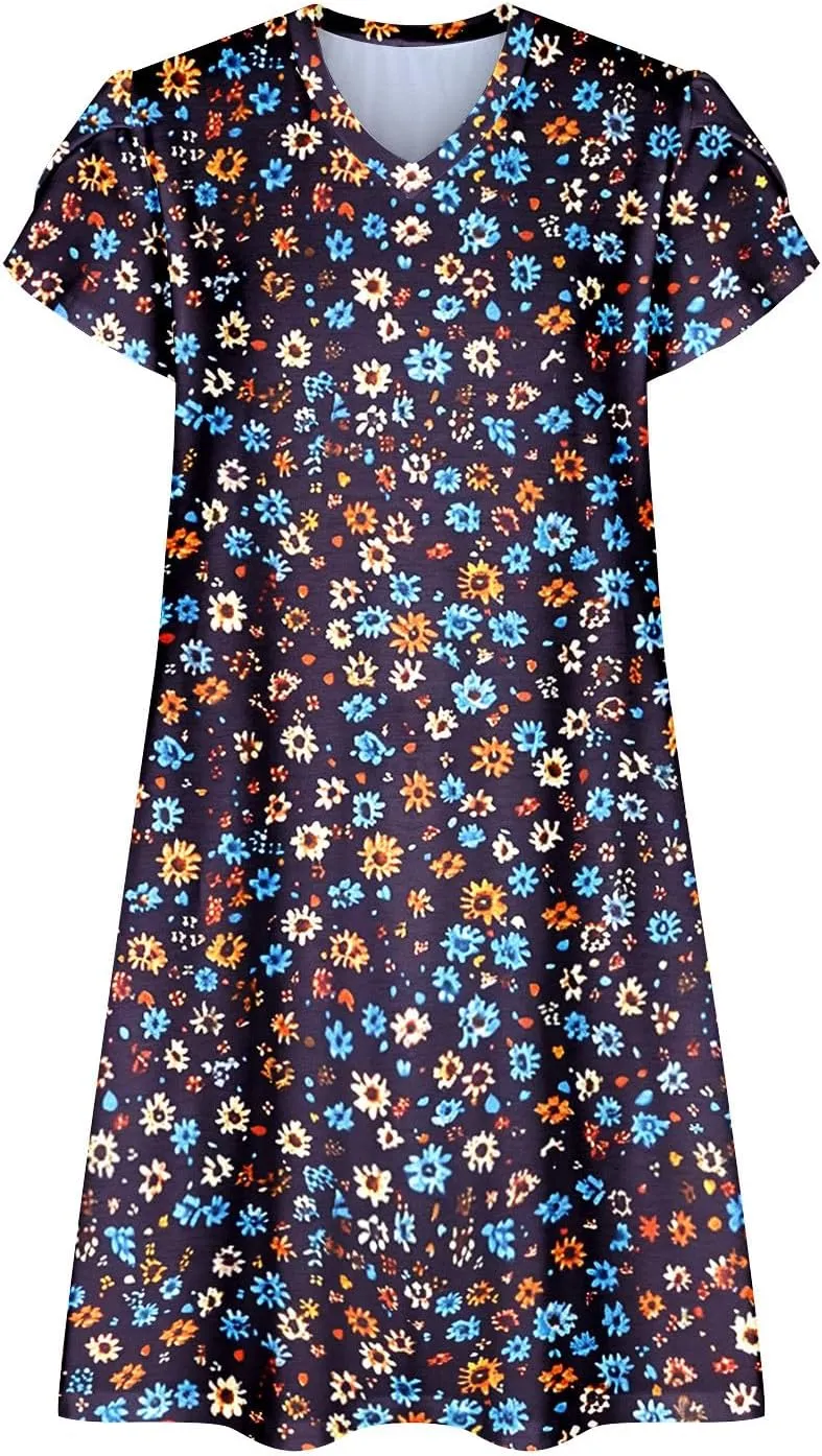 Boho Floral Dresses for Women Summer Short Petal Sleeve Mini Shirt Dress Loose Casual Beach Holiday Sundresses