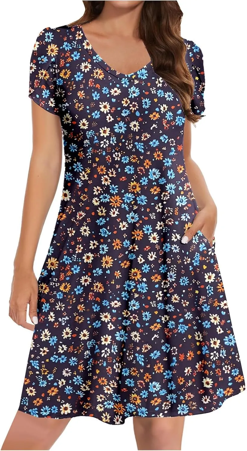 Boho Floral Dresses for Women Summer Short Petal Sleeve Mini Shirt Dress Loose Casual Beach Holiday Sundresses