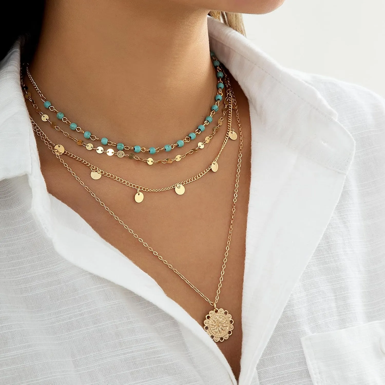 Boho Layered Necklaces for Women Trendy Gold Stackable Necklaces Set Bohemian Layering Turquoise Herringbone Paperclip Chain Choker Necklace Jewelry Gifts
