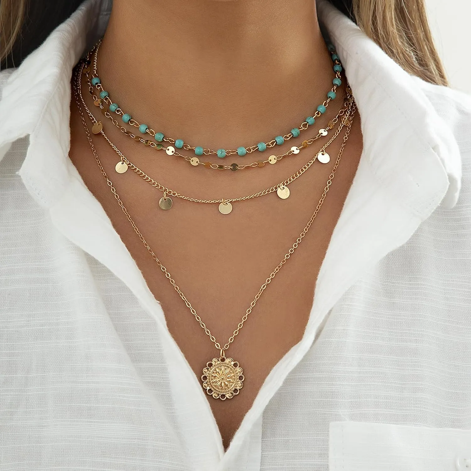 Boho Layered Necklaces for Women Trendy Gold Stackable Necklaces Set Bohemian Layering Turquoise Herringbone Paperclip Chain Choker Necklace Jewelry Gifts