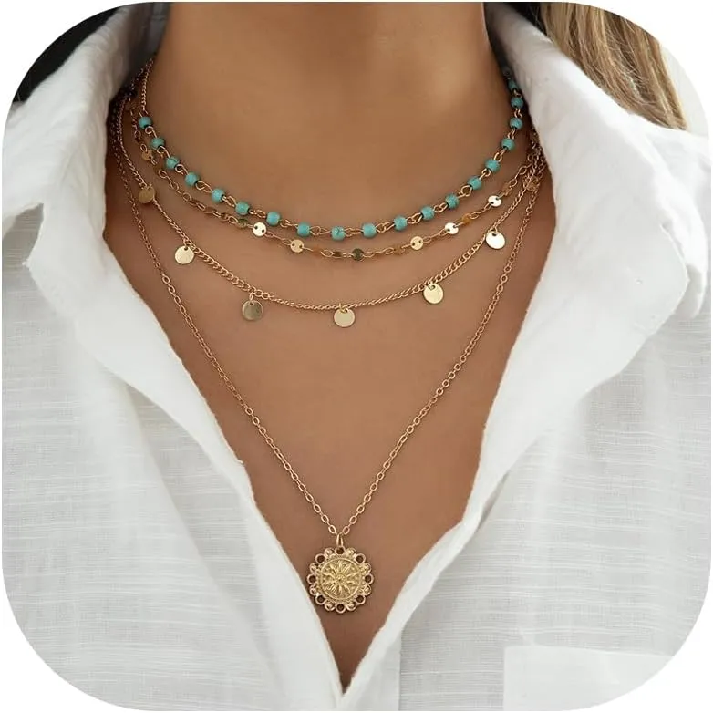 Boho Layered Necklaces for Women Trendy Gold Stackable Necklaces Set Bohemian Layering Turquoise Herringbone Paperclip Chain Choker Necklace Jewelry Gifts
