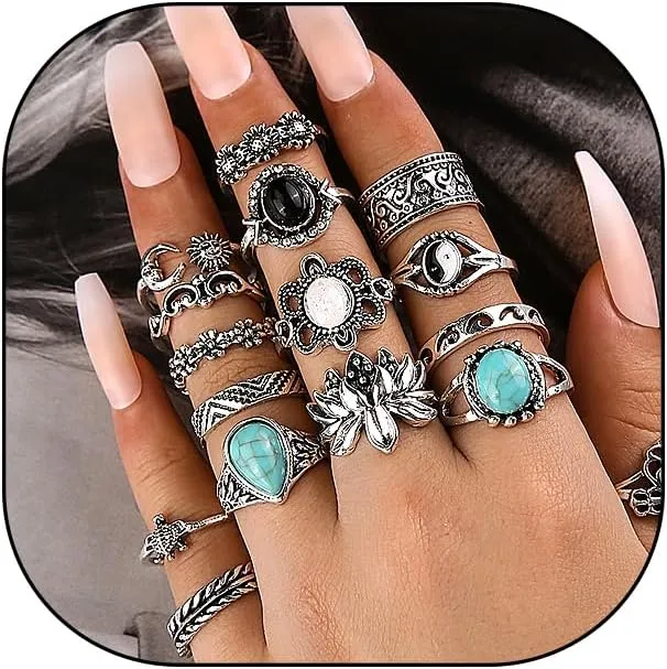 Boho Turquoise Ring for Women Silver Western Stackable Knuckle Rings Vintage Cactus Flower Midi Finger Ring Statement Jewelry Gifts