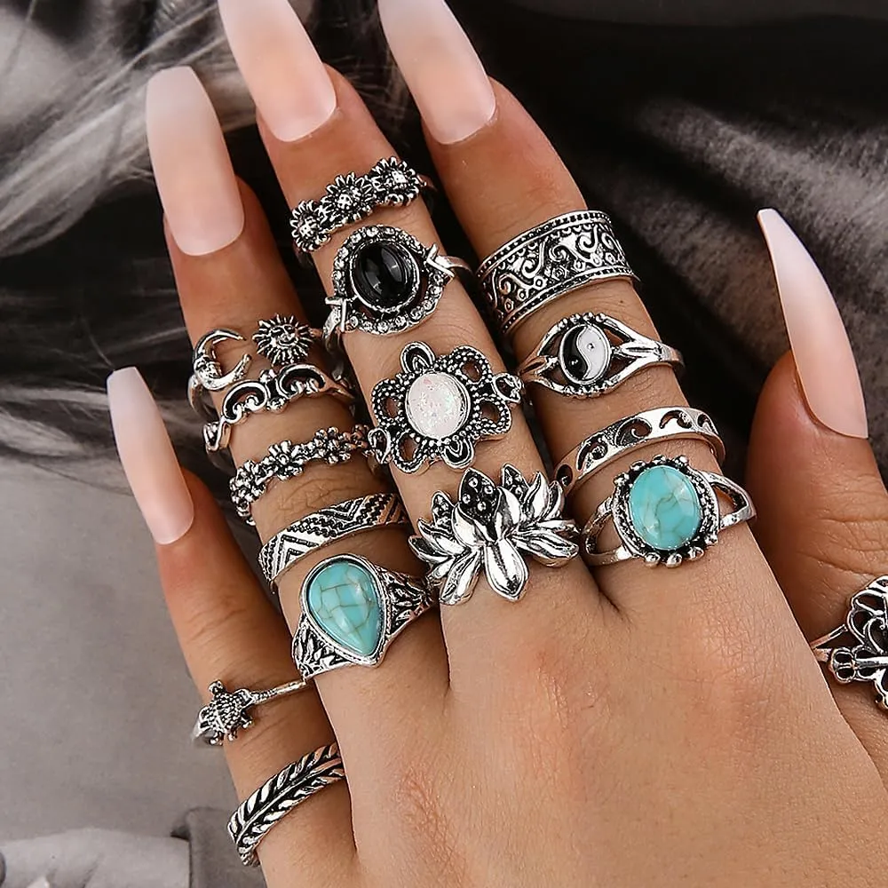 Boho Turquoise Ring for Women Silver Western Stackable Knuckle Rings Vintage Cactus Flower Midi Finger Ring Statement Jewelry Gifts