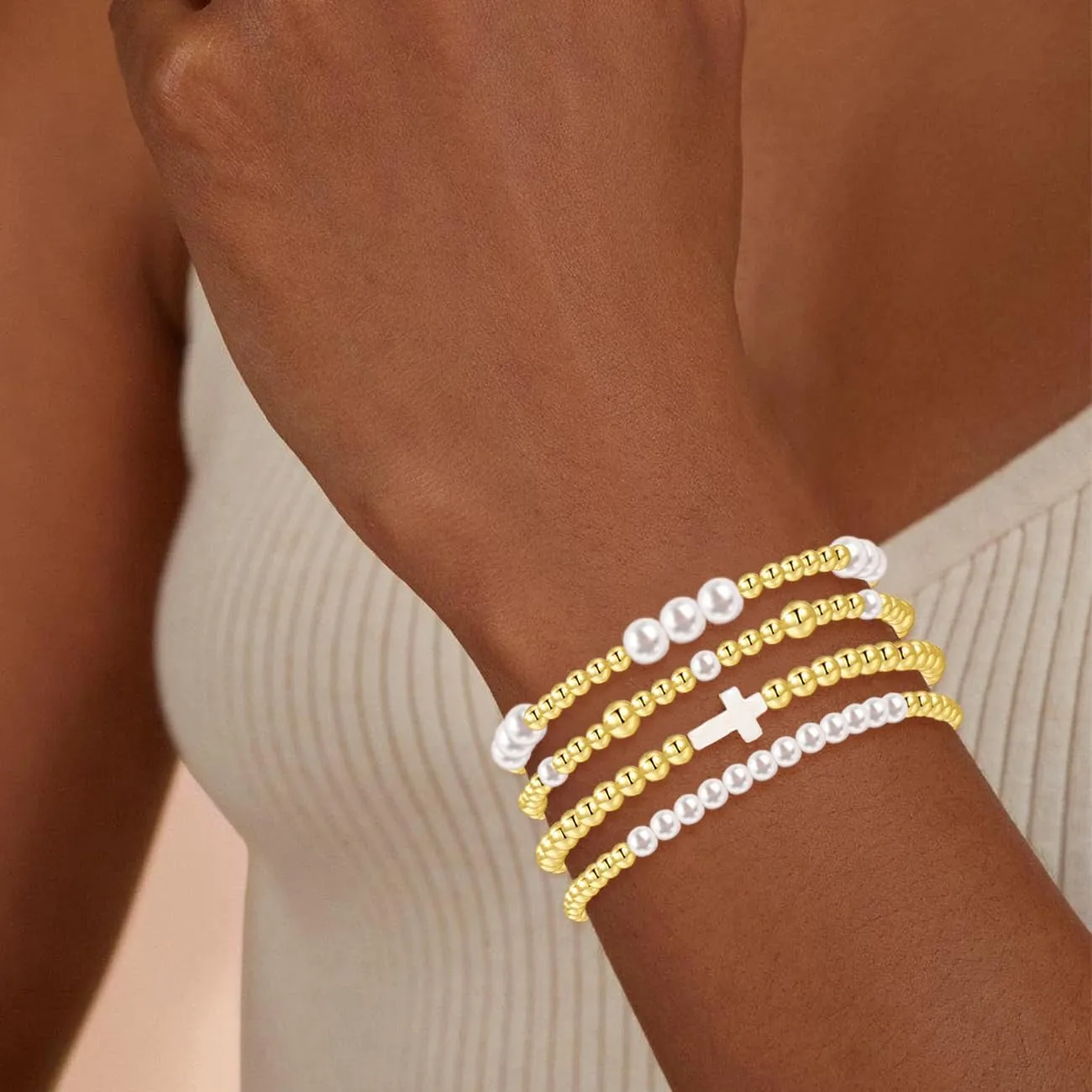 BOMAIL Gold Bracelets for Women Non Tarnish 14K Gold Plated Link Chain Bracelets Stackable Gold Pearl Cross Bracelets Dainty Gold Beaded Bracelets Stack Set Trendy Jewelry
