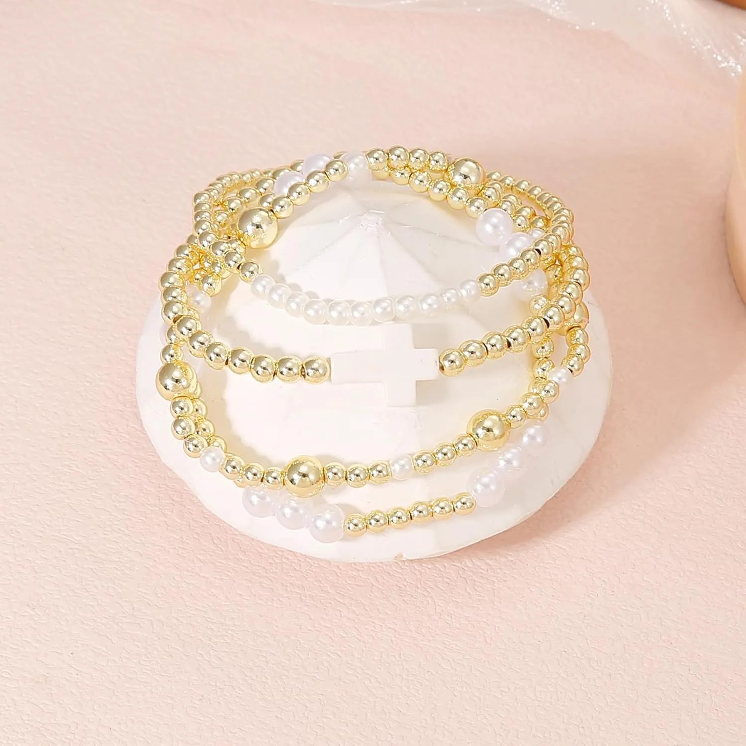 BOMAIL Gold Bracelets for Women Non Tarnish 14K Gold Plated Link Chain Bracelets Stackable Gold Pearl Cross Bracelets Dainty Gold Beaded Bracelets Stack Set Trendy Jewelry