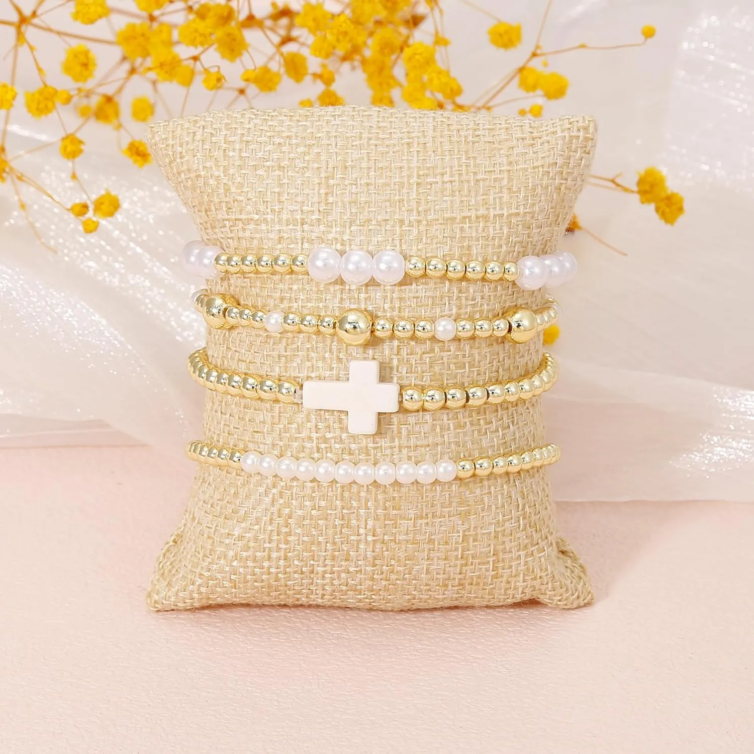 BOMAIL Gold Bracelets for Women Non Tarnish 14K Gold Plated Link Chain Bracelets Stackable Gold Pearl Cross Bracelets Dainty Gold Beaded Bracelets Stack Set Trendy Jewelry