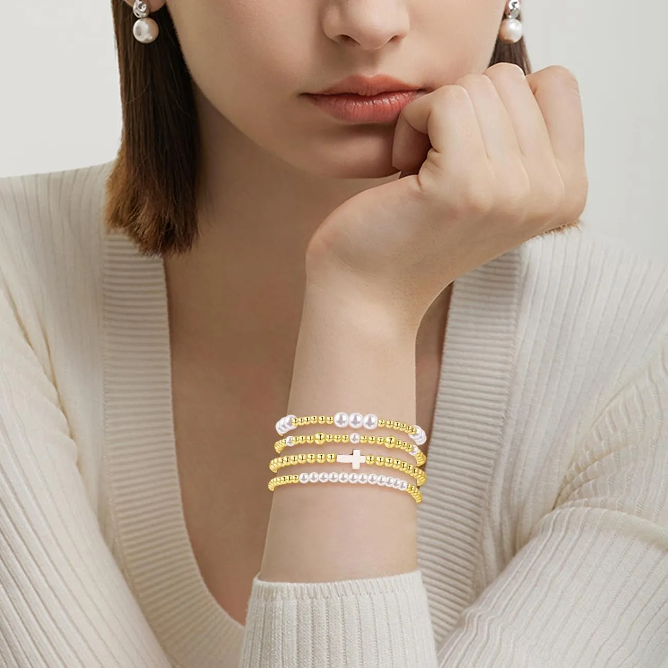 BOMAIL Gold Bracelets for Women Non Tarnish 14K Gold Plated Link Chain Bracelets Stackable Gold Pearl Cross Bracelets Dainty Gold Beaded Bracelets Stack Set Trendy Jewelry