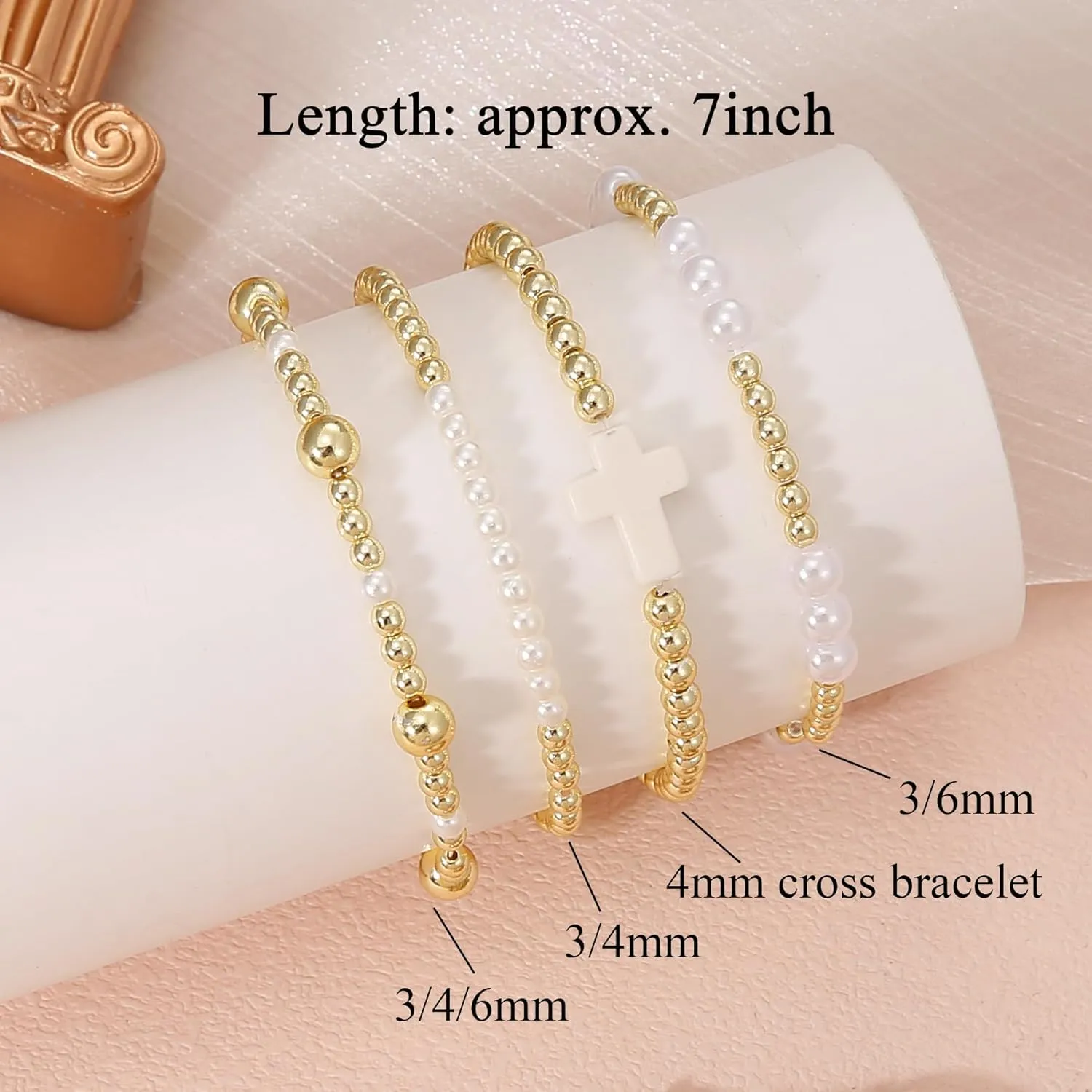 BOMAIL Gold Bracelets for Women Non Tarnish 14K Gold Plated Link Chain Bracelets Stackable Gold Pearl Cross Bracelets Dainty Gold Beaded Bracelets Stack Set Trendy Jewelry