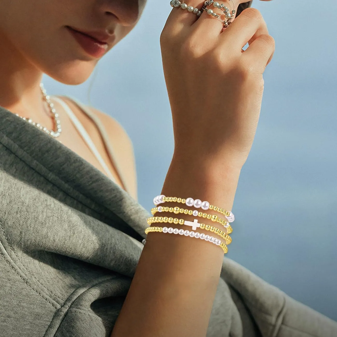 BOMAIL Gold Bracelets for Women Non Tarnish 14K Gold Plated Link Chain Bracelets Stackable Gold Pearl Cross Bracelets Dainty Gold Beaded Bracelets Stack Set Trendy Jewelry
