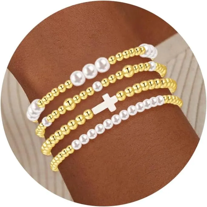 BOMAIL Gold Bracelets for Women Non Tarnish 14K Gold Plated Link Chain Bracelets Stackable Gold Pearl Cross Bracelets Dainty Gold Beaded Bracelets Stack Set Trendy Jewelry